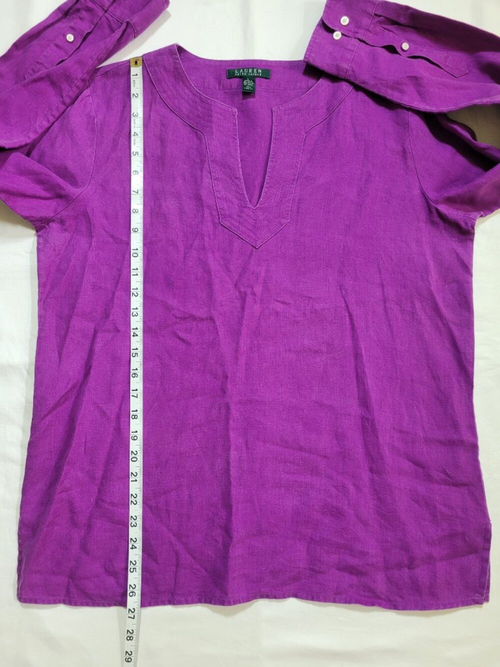 Lauren Ralph Lauren Purple 100% Linen V Neck Roll Tab Sleeve Top Large Preppy - Picture 6 of 9